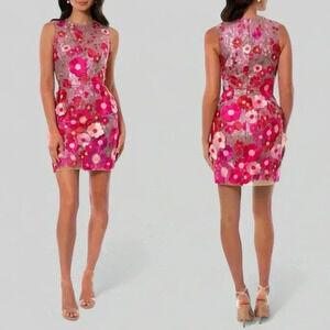 Pink Sheath Mini Dress Sleeveless Crew Neck Cocktail